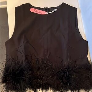Rosedress Black Sleeveless Top with Feather Trim- Size Medium